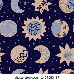 Abstract celestial seamless pattern. Vector ornament of space and botany. Design of astrology, esoteric, tarot, mystic and magic.