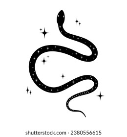 Resumen tatuaje de serpiente celestial. Silueta serpiente negra con estrellas. Símbolo mágico animal. Diseño sotético, brujería. Ilustración del vector