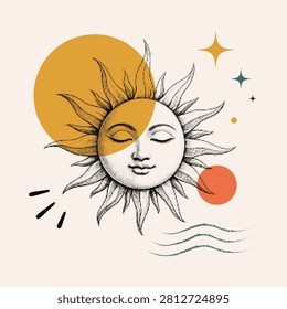 Abstract celestial sun face with geometric shapes in modern boho style. Minimal vector illustration inspired by mysticism, astrology and celestial symbolism for contemporary design.