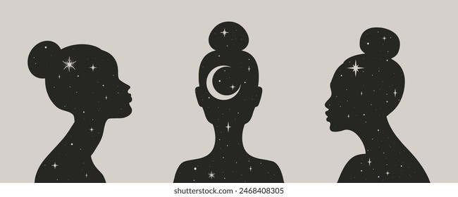 Abstract celestial women profiles in boho style. Female silhouettes decorated with crescent and stars. Vector illustration