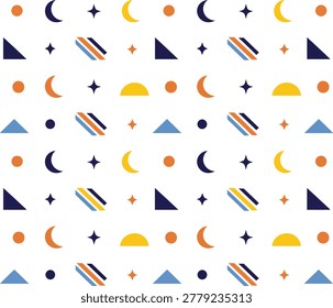 Abstract celestial-themed background featuring various geometric shapes, stars, moons, and planets arranged in a modern pattern.