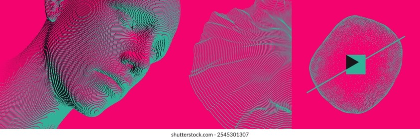 An abstract cell represented as an object of dots. Molecular grid. Background with dynamic particles. Digital human head constructing from cubes. Voxel art. 3d vector for chemistry and science.