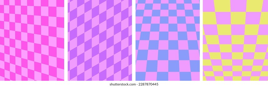 Abstract cell style vertical warped squares in pink purple and yellow tones. Checkerboard in the retro style of the 1960s, 1970s. 3D template for banner, cover, poster. Vector illustration