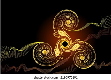 Abstrakter keltischer Hintergrund. Triple Trickle Symbol mit goldenem Licht. Luxuriöse goldene Ornamente. Druck für Grußkarte, Poster, Wandteppich, Einladung, Dekoration. Vektorgrafik.