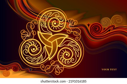 Abstract Celtic background. Triple trickle symbol with golden light. Luxury ornate gold ornament. Print for greeting card, poster, mural wallpaper, invitation, decoration. Vector illustration.