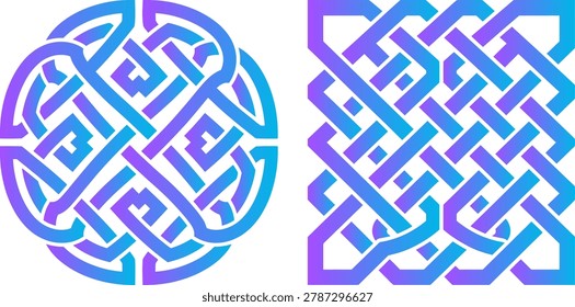 Abstract celtic knot designs circle and square shape geometric line art blue purple gradient decoration.