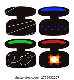 Abstraktes Keramikvase-Set mit dekorativen Mustern und kräftigen Farbakzenten im minimalen modernen Stil.