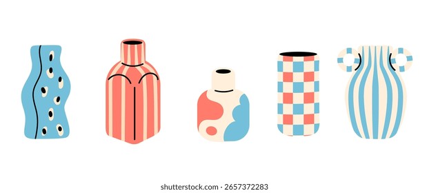 Abstract ceramic vases with striped, checkered and wavy designs in bold color combinations