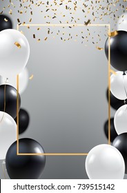 Abstract ceremonial silver background with black and white balloons. Gold frame and falling golden confetti. A4 design concept for grand opening invitation, sale banner, party flyer. Vector eps 10.