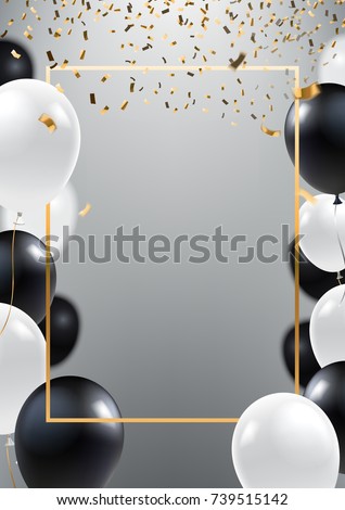 Abstract ceremonial silver background with black and white balloons. Gold frame and falling golden confetti. A4 design concept for grand opening invitation, sale banner, party flyer. Vector eps 10.