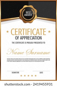 Abstract certificate of appreciation, Vertical Format, Minimal Template with Luxury Black and Gold Colors for Modern Artistic Banner Background Design for Celebrations and Events