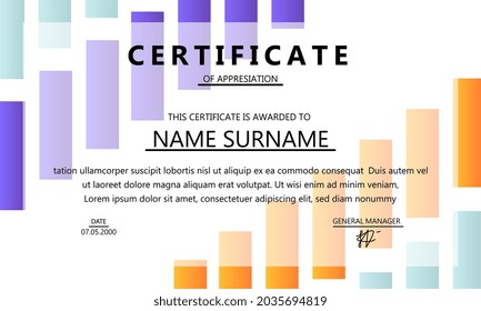 Abstract certificate design. Template of sheet for awarding various merits. Certificate with geometric shapes and inscriptions. Contemporary flat vector illustration isolated on white background