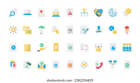 Abstract certificate of quality guarantee for business product, paper with seal and stamp badge to approve audit form or report, agreement. Document approval flat icons set vector illustration.