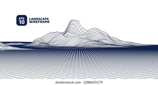 Resumen del fondo de la trama CG. Zona 3d de la Tierra. paisaje de ilustración de tecnología de cuadrícula 3D. Ciberespacio Digital Terrain en las montañas con valles. El azul se apoderó de los colores blancos. Matriz de datos. Vector.