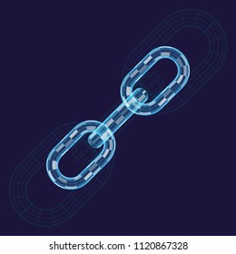 Abstract chain element with blue outline silhouette and 3d shining parts