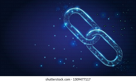 Abstract Chain links low poly consisting of points, lines, and shapes on dark blue background. Vector wireframe concept