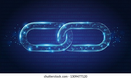 Abstract Chain links low poly consisting of points, lines, and shapes on dark blue background. Vector wireframe concept