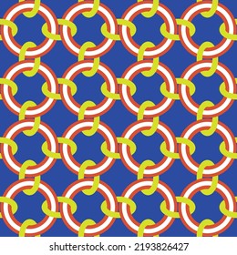 Abstract Chained Circles Geometric Connected Shapes Retro Complex Seamless Pattern Trendy Fashion Colors Perfect for Allover Fabric Print or Wrapping Paper Royal Blue Background