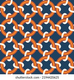 Resumen Círculos encadenados Formas Geométricas Conectadas Retro Complejo Patrón sin inconvenientes Colores de moda Perfecto para la impresión de tela de alamante o envolver papel Navy tonos naranjas azules