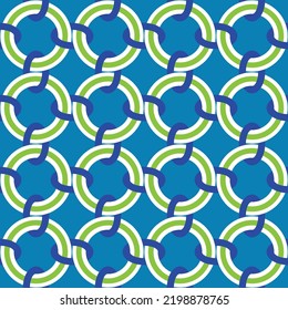 Abstract Chained Circles Geometric Connected Shapes Retro Complex Seamless Pattern Trendy Fashion Colors Perfect for Allover Fabric Print or Wrapping Paper Blue Green White Tones