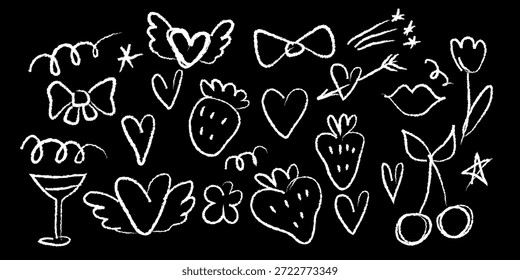 Abstract Chalk Strawberry and Heart Element Icon. White Scribble Romantic Outline Collection. Imperfect Irregular Stroke Valentine's Day or Wedding Element Set. Cafe Menu Drawn Decoration