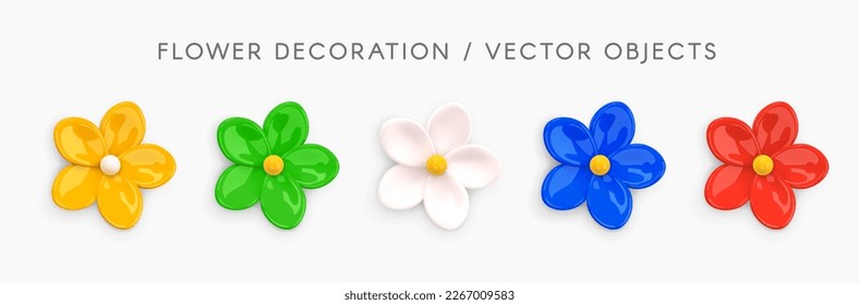 Abstract Chamomile Flower. 3d Vector Flowers Set in Yellow, Green, White, Blue, Red colors. Floral Decoration Clipart. Design element. Flower figurines icons isolated on white. Realistic 3d Vector