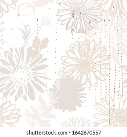 Abstract chamomile flower seamless pattern. Beautiful floral background: camomiles line art, grunge textures, small wildflowers. Vector art illustration 