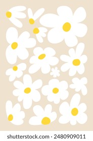 Abstract chamomile flowers composition. Floral naive art poster. Vector flat illustration