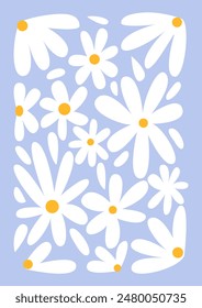 Abstract chamomile flowers. Floral naive art poster. Vector flat illustration