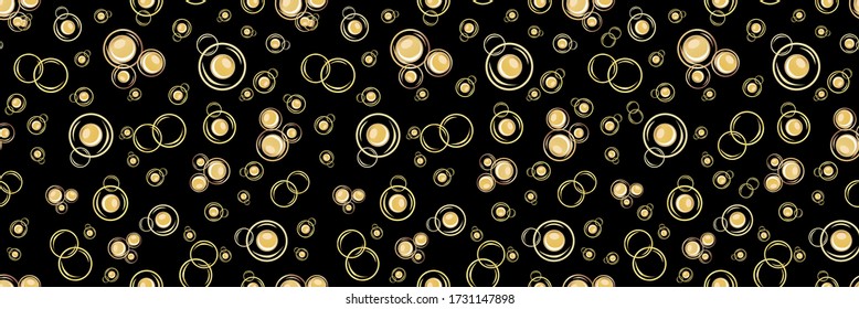 Abstract Champagne bubbles vector border background. Hand drawn fizzy overlapping drops black gold banner. Elegant sparkling horizontal repeat design. For edging, ribbon festive celebration concept