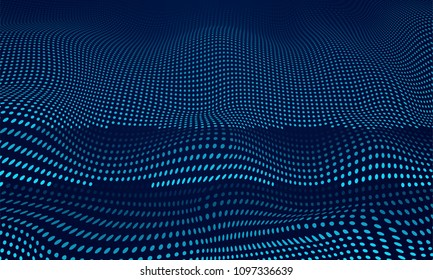 Abstract change futuristic vector illustration of a 3d wave particles neural network of cyberspace. Vector blue background of black dots.