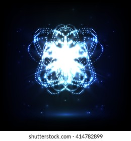 Abstract chaos background. Shiny sphere with particles. Future techno background.