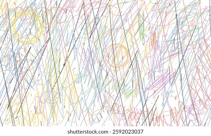 Abstract Chaotic Color Pen Lines and Circular Patterns, Vector Sketches, Doodles on White Background. Perfect for Posters, Animations and Design