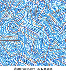 Abstract chaotic geometric seamless pattern with irregular lines. Broken stripes on ripples texture. Digital, mosaic and urban style background with curved lines. Maze lace swatch design.
