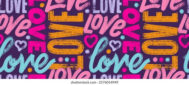 Abstract chaotic inscriptions love with line hearts seamless pattern . Hand painted with a dry brush on canvas. Pastel color background. Wallpaper seamless pattern for girls, Valentines day.