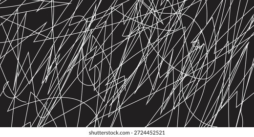 Abstract chaotic line art background with white scribble strokes on black, expressive abstract, background, lines, pattern, texture style for modern design.