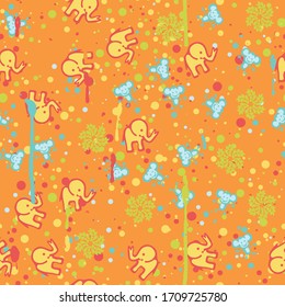 Abstract chaotic pattern with elephants monkeys suns and foliage.