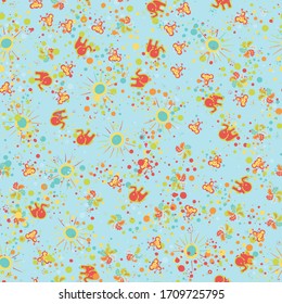 Abstract chaotic pattern with elephants monkeys suns and foliage.