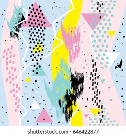 Abstract chaotic pattern with geometric elements Memphis cards. Pattern and geometric elements in pastel shades. Modern design poster, cover, card design, textile.