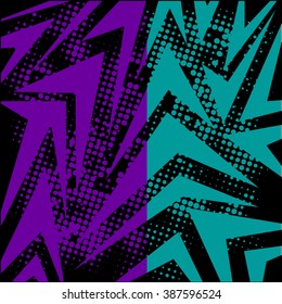 Abstract  chaotic pattern with urban geometric elements, scuffed, drops, sprays, triangles. Grunge neon texture background. Wallpaper for boys and girls.scratches