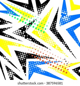 Abstract  chaotic pattern with urban geometric elements, scuffed, drops, sprays, triangles. Grunge neon texture background. Wallpaper for boys and girls.scratches