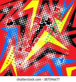 Abstract  chaotic pattern with urban geometric elements, scuffed, drops, sprays, triangles. Grunge neon texture background. Wallpaper for boys and girls.scratches