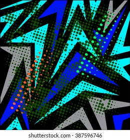 Abstract  chaotic pattern with urban geometric elements, scuffed, drops, sprays, triangles. Grunge neon texture background. Wallpaper for boys and girls.scratches