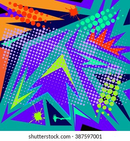 Abstract  chaotic pattern with urban geometric elements, scuffed, drops, sprays, triangles. Grunge neon texture background. Wallpaper for boys and girls.scratches