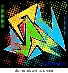 Abstract chaotic pattern with urban geometric elements, scuffed, drops, sprays, triangles. Grunge neon texture background. Wallpaper for boys and girls.scratches