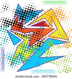 Abstract chaotic pattern with urban geometric elements, scuffed, drops, sprays, triangles. Grunge neon texture background. Wallpaper for boys and girls.scratches