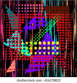 Abstract chaotic pattern with urban geometric elements, scuffed, drops, sprays, triangles. Grunge neon texture background. Wallpaper for boys and girls.scratches