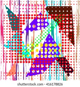 Abstract chaotic pattern with urban geometric elements, scuffed, drops, sprays, triangles. Grunge neon texture background. Wallpaper for boys and girls.scratches