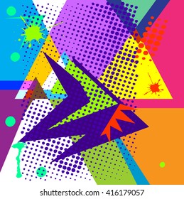 Abstract chaotic pattern with urban geometric elements, scuffed, drops, sprays, triangles. Grunge neon texture background. Wallpaper for boys and girls.scratches