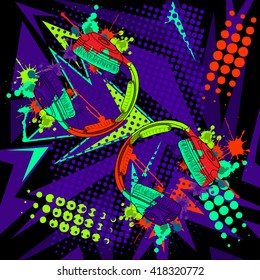 Abstract chaotic pattern with urban geometric elements, scuffed, drops, sprays, triangles. Grunge neon texture background. Wallpaper for boys and girls.scratches